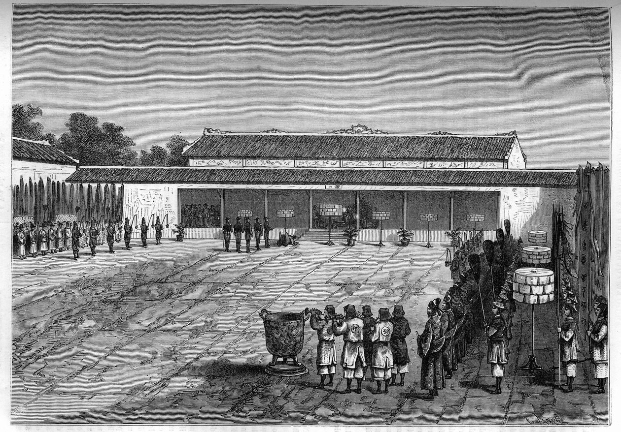 Mottagande av den franske fullmäktige i Hue av kungen av Annam. Gravyr i "Le journal de la jeunesse"" av Unknown artist