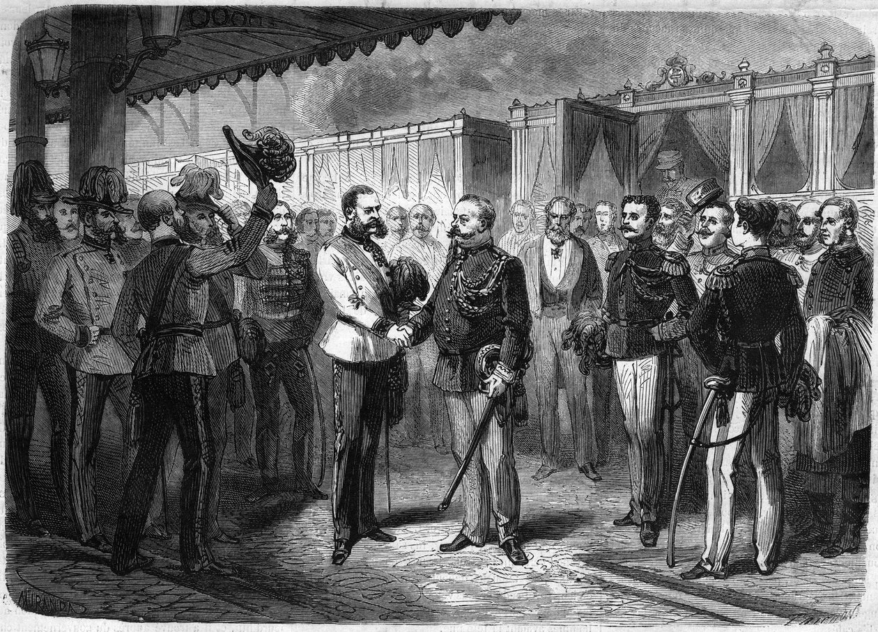 Mottagande av kungen av Italien Vittorio Emanuele II (Victor Emmanuel) (Victor Emmanuel) (1820-1878) av kejsaren av Österrike Francois Joseph I (Francois-Joseph) (1830-1916) i Wien 1873. Gravyr i "" The Illustrious Universum”” av Unknown artist