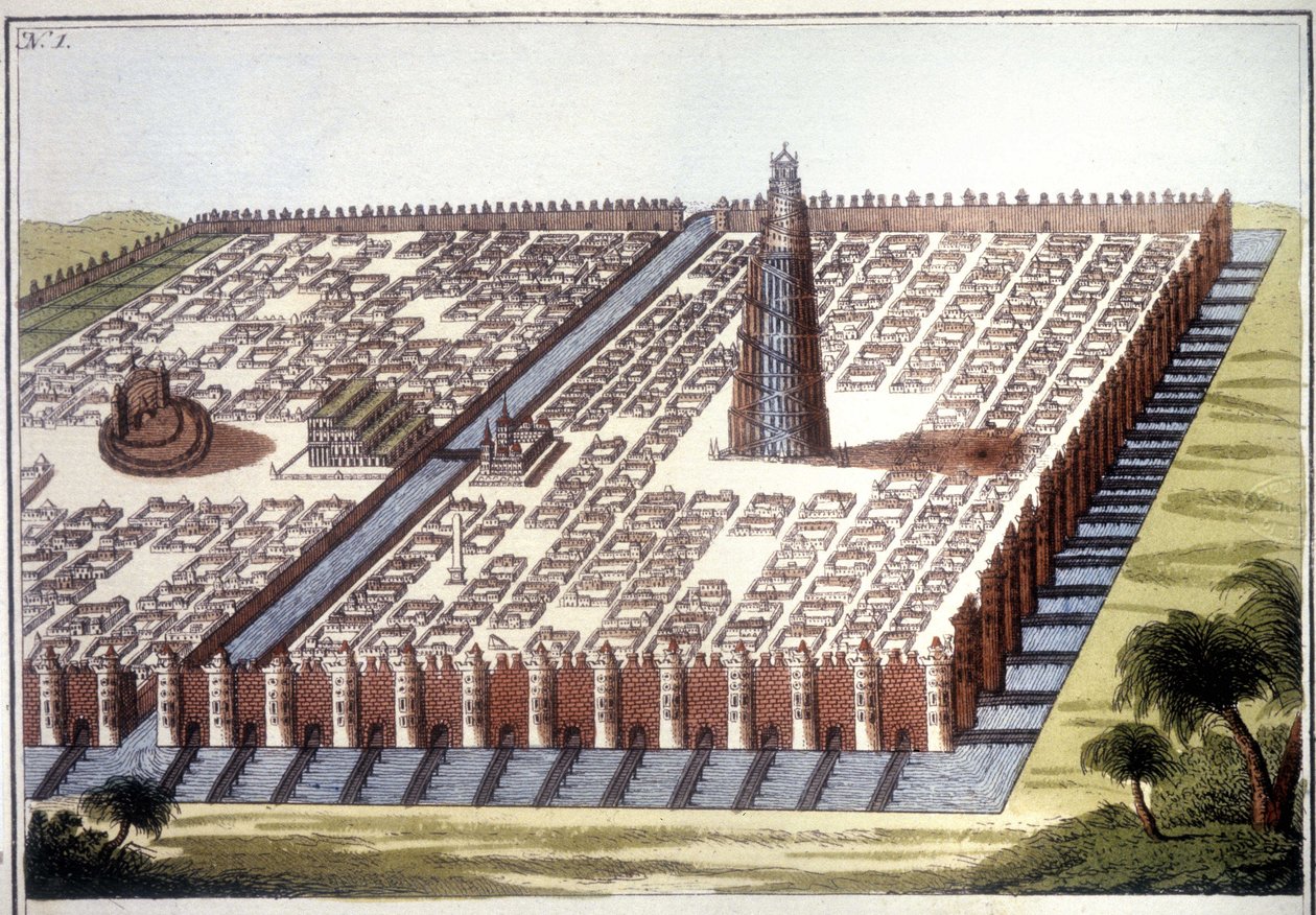 Rekonstruerad utsikt över den antika staden Babylon, med inhägnaden, de hängande trädgårdarna och zigguraten. av Unknown artist