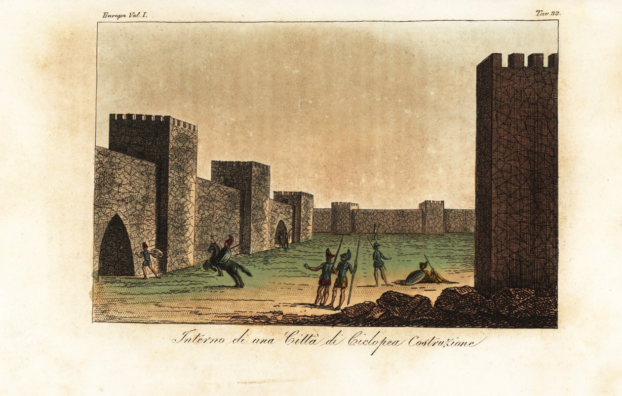 Rekonstruktion av det inre av en stad byggd i cyklopiskt murverk, mykensk arkitektur av Unknown artist
