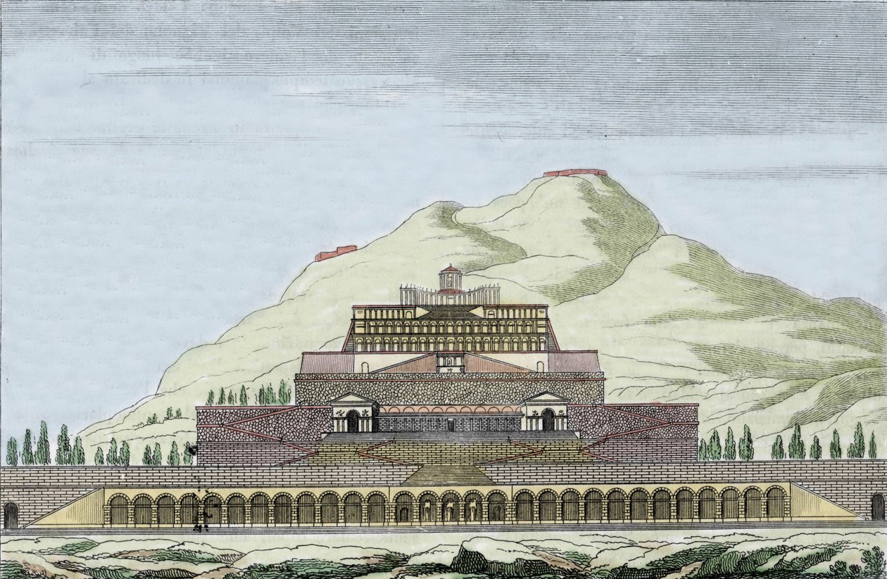 Rekonstruktion av templet Fortuna (slumpens romerska gudom) i Palestrina, Italien. Gravyr av 1800-talet av Unknown artist
