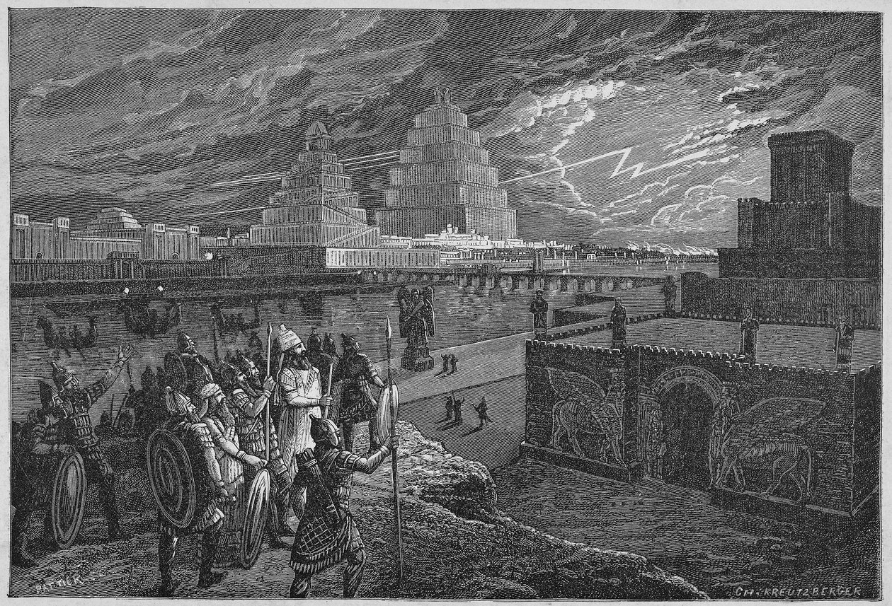 Återuppbyggnad av templen och palatsen längs Babylons flod - Mesopotamien: återuppbyggnad av staden Babylon, byggd under kung Nebukadnessar II:s regering. av Unknown artist