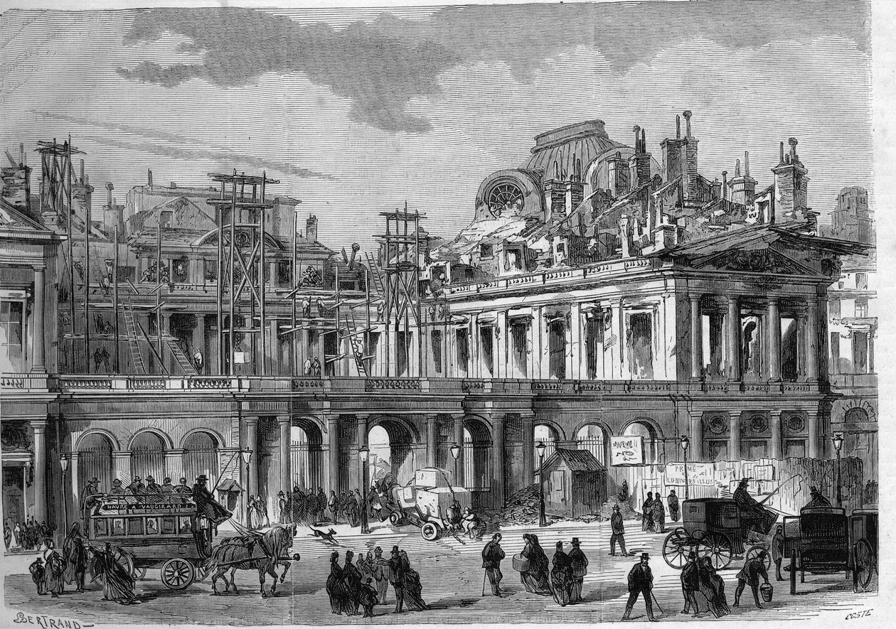 Rekonstruktionsarbeten av det kungliga palatset (Palais-Royal) i Paris. Gravyr i "" L