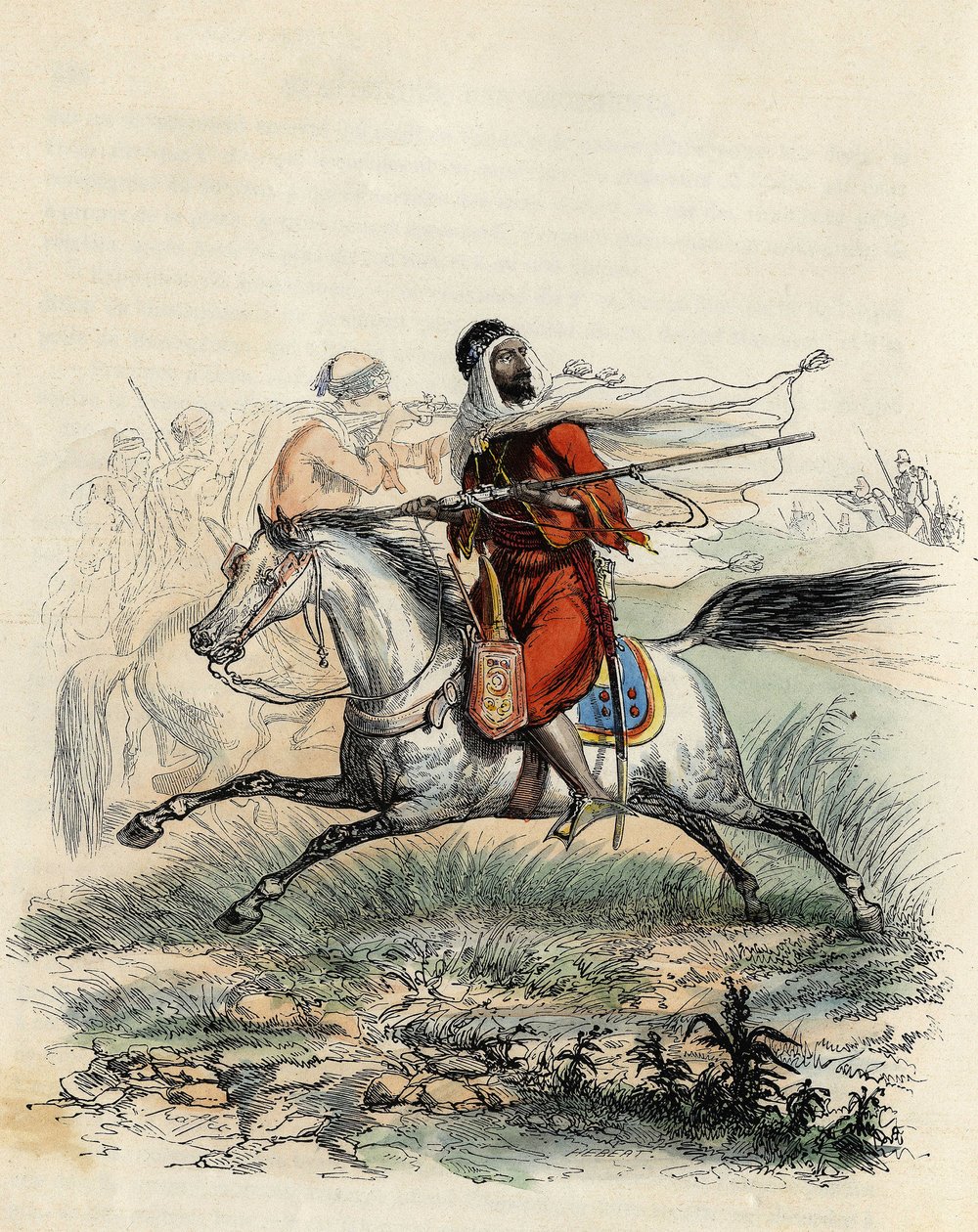 Röda ryttare från Emir Abd-el-Kader flydde av jägare till häst från den franska armén vid Oran 1841, i "L