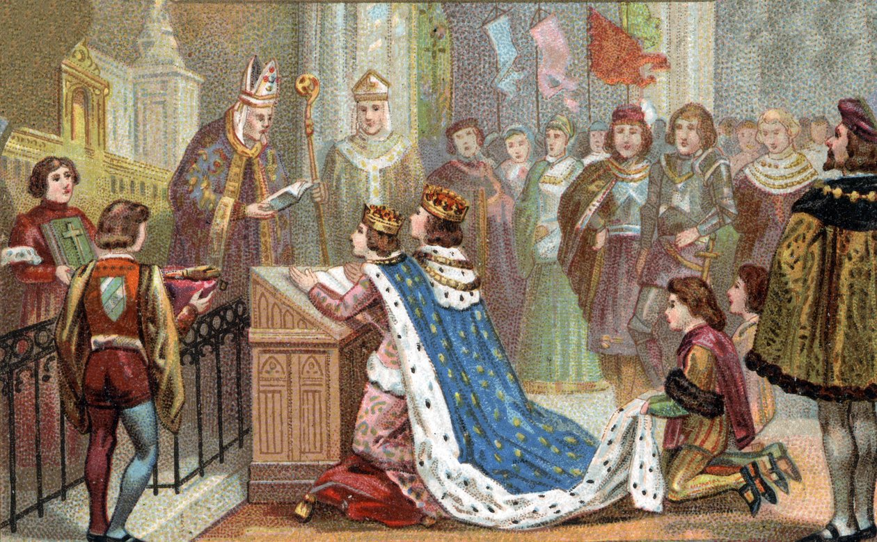 Bretagnes relation till Frankrike: Ludvig XII (1462-1515) gifte sig med Anne de Bretagne (1477-1514). Deras äktenskap återförenade Bretagne med Frankrike (1499). Kromolitografi från slutet av 1800-talet. av Unknown artist