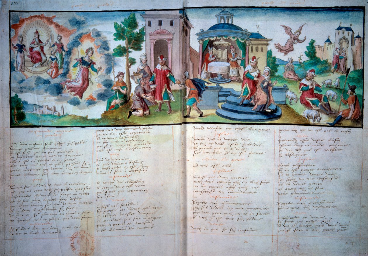 Religiös teater: "" Passion and Resurrection"" spelas i Valenciennes 1547. Manuskriptsida med akvarell, Paris, B.N. av Unknown artist