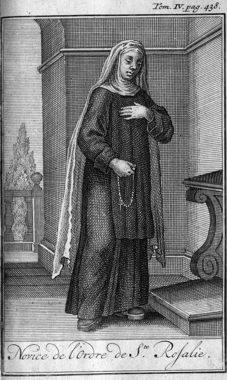 Religiös ordning. Novis av St. Rosalia-orden i Palermo på Sicilien på 1600-talet. I "" Historien om militära order eller riddare, om de säkra och rutinmässiga miliserna av båda könen, som har etablerats fram till nu. Upplagan hämtad från Abbe Gius av Unknown artist