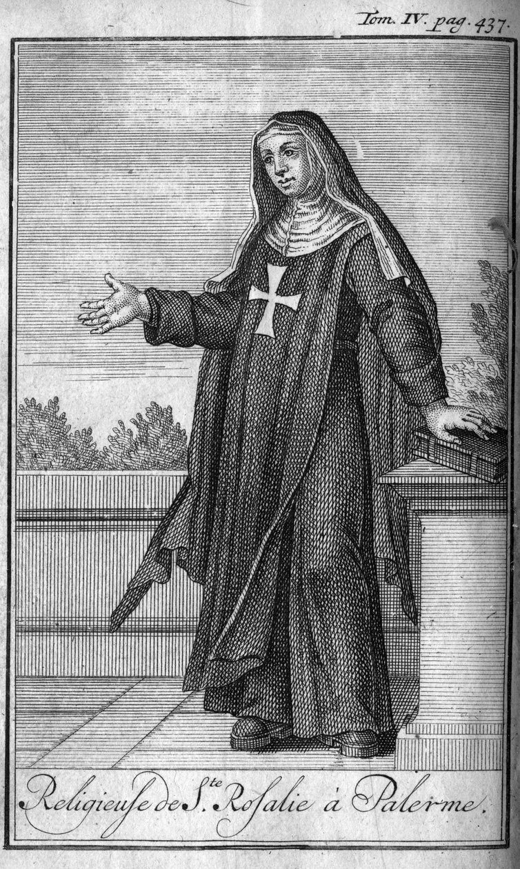 Religiös ordning. Religiös av Saint Rosalia i Palermo på Sicilien på 1600-talet. I "" Historien om militära order eller riddare, om de säkra och rutinmässiga miliserna av båda könen, som har etablerats fram till nu. Upplagan hämtad från Abbe Giustiniani, av Unknown artist