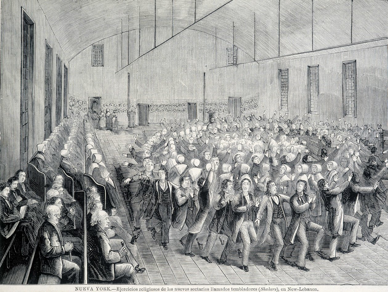 Religiös procession av Shakers i New York. 1800-talsillustration. av Unknown artist