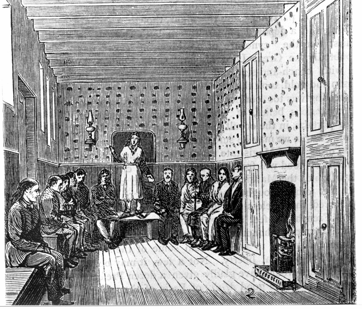 Religiöst möte för amerikanska shakers. 1800-talsgravyr. av Unknown artist