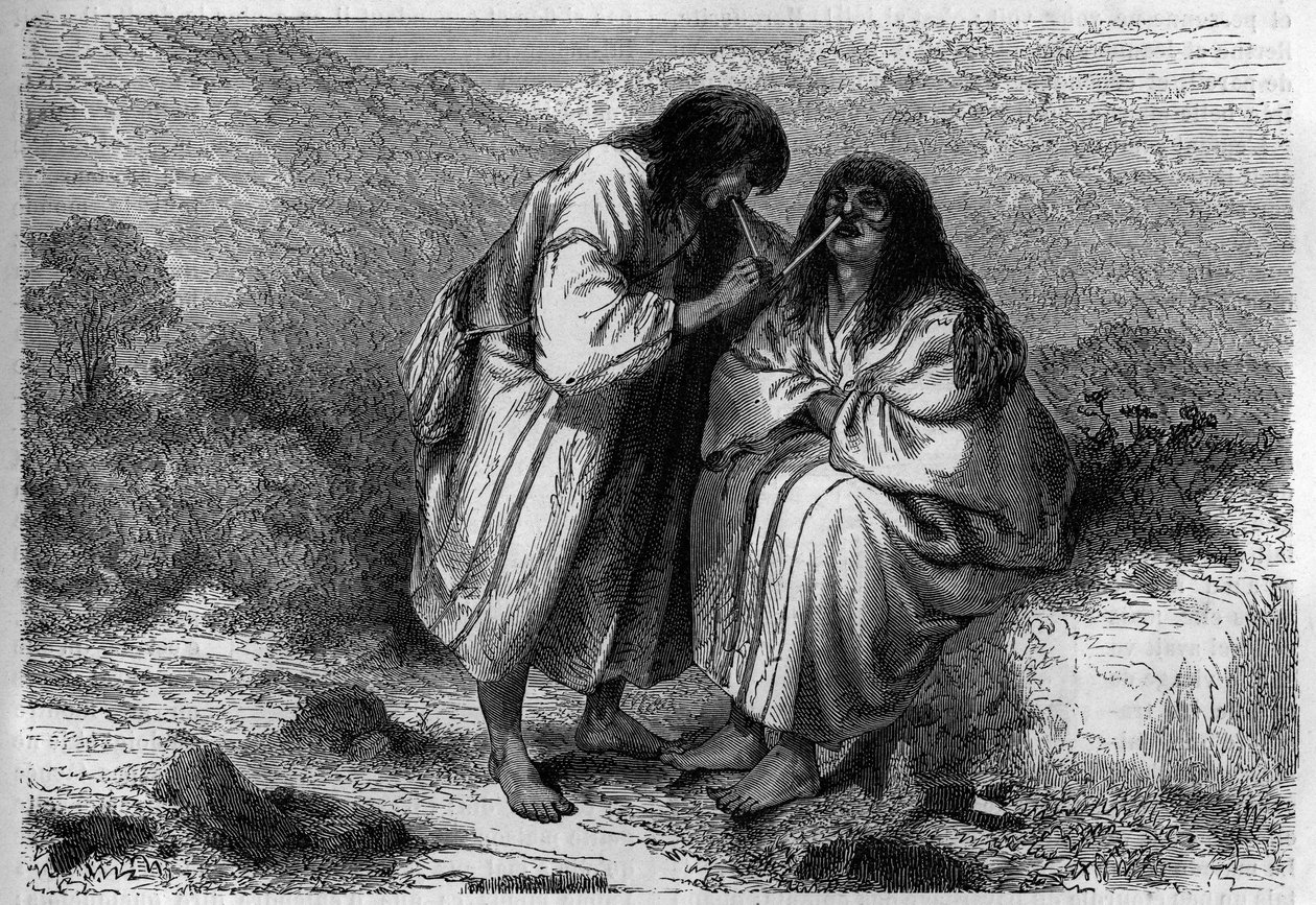 Botemedel mot förkylning: insufflationen av tobak bland indianer. Gravyr i "Le journal de la jeunesse"" av Unknown artist