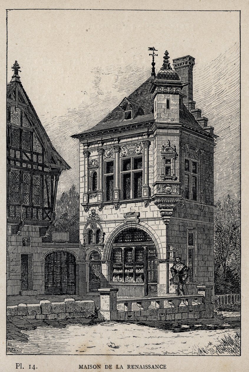 Renässanshus - gravyr från 1889 i "History of human habitation at the Universal Exhibition of 1889, by Mr Charles GARNIER - Librairie centrale des beaux-arts Paris 1889 av Unknown artist