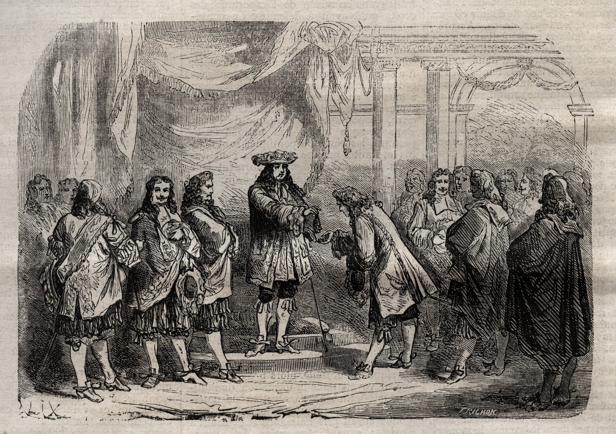 Rene Duguay Trouin (Duguay-Trouin) (Rene Trouin du Gue dit) (1673-1736) tar emot Saint-Louis kors från kung Ludvig XIV:s händer - gravering i "" Dictionnaire populaire illustrious"" - 1864 - av Joseph Decembre och Edmond Allonier - av Unknown artist