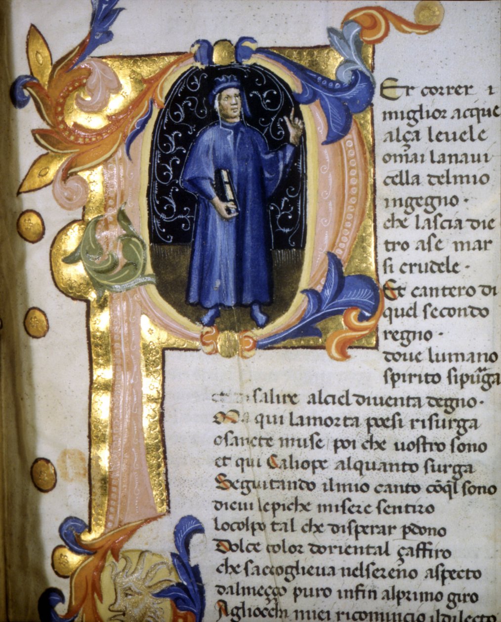 Representation i en brevskrift av poeten Dante Alighieri (1265 - 1321), 1300-tal i miniatyr. av Unknown artist