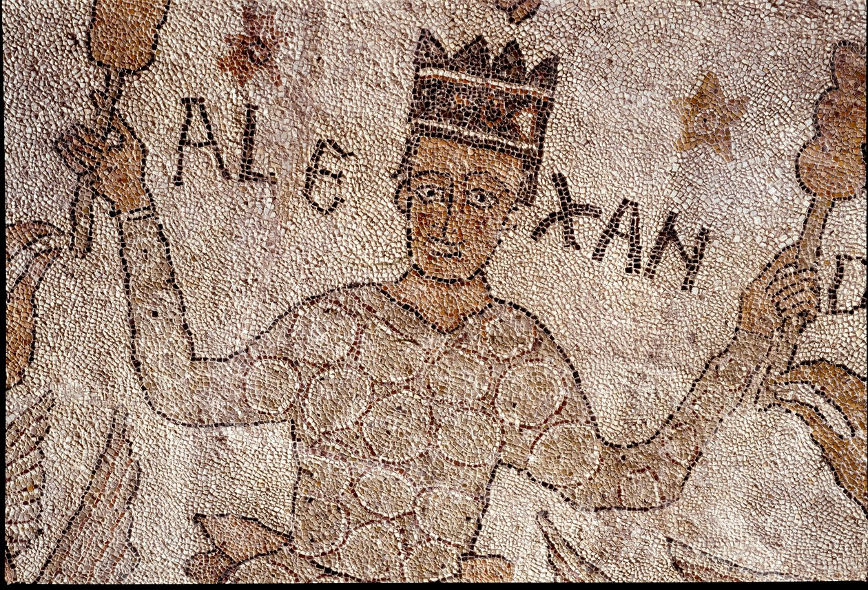 Representation av Alexander den store (356-323 f.Kr.), kung av Macedoine och erövrare av Persien, omgav den indiska faunan under erövringen av Indien. Trottoar av Pantaleone (eller Pantaleon av Unknown artist