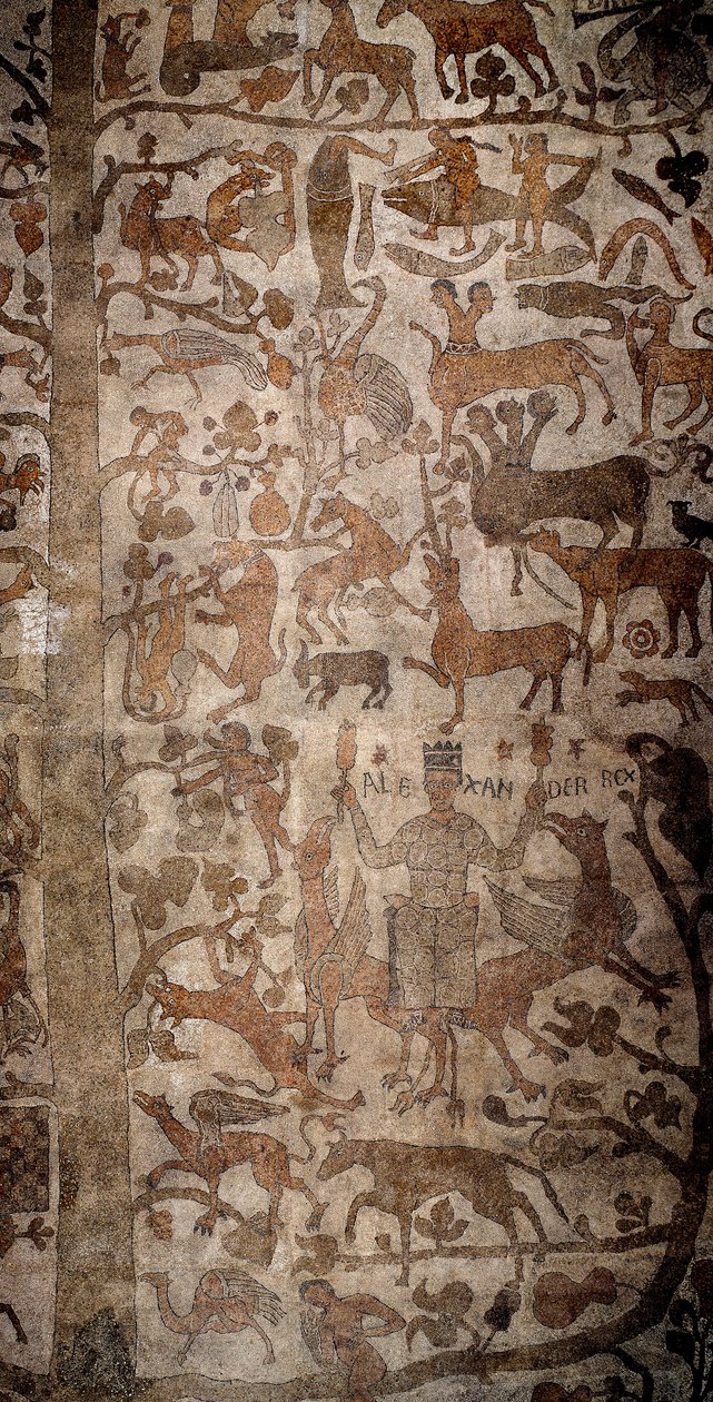 Representation av Alexander den store (356-323 f.Kr.), kung av Macedoine och erövrare av Persien, omgav den indiska faunan under erövringen av Indien, Deluge, Deucalion och Pyrrha. Trottoar av Pantaleone (eller Pantaleon av Unknown artist