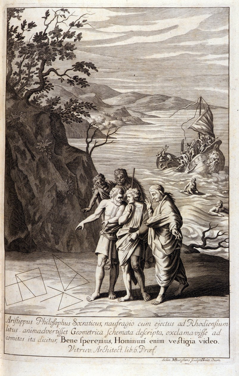 Representation av Aristipus av Cyrene (435-356 f.Kr.) Grekisk filosofs lärjunge till Sokrates, efter skeppsbrottet som kastade honom på Rhodos kust, upptäcker han geometriska spår på sanden. Gravyr från bok XV av Euklids "Element". 1591 av Unknown artist