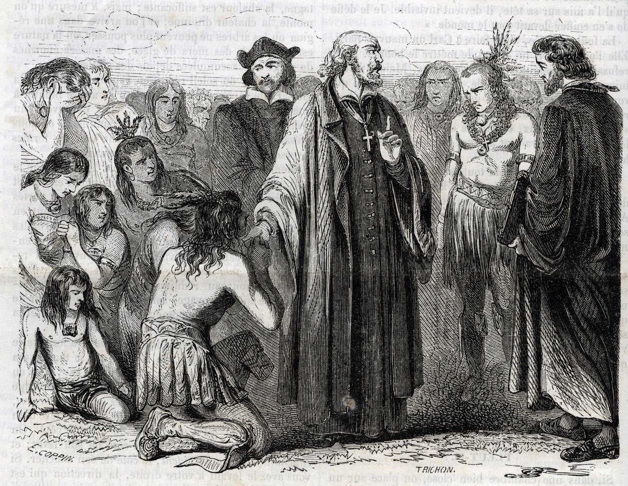 Representation av Bartolome de las Casas (1484-1566) dominikansk präst, missionär med indianerna” (Porträtt av Bartolome de las casas, dominikanermunk och indianernas beskyddare - gravyr från 1860 av Unknown artist