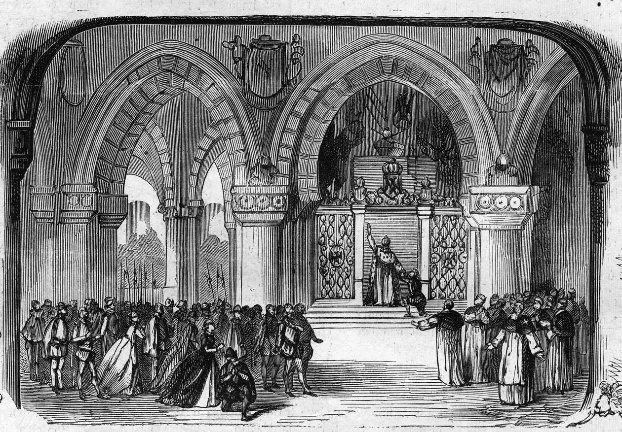 Representation av Don Carlo (Don Carlos) Opera i 5 akter av Giuseppe Verdi vid Parisoperan den 11 mars 1867. Scen i 5:e akten: Klostret St. Juste, uppenbarelse av Karl V. Gravyr från 1867. av Unknown artist