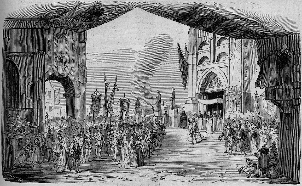 Representation av Don Carlo (Don Carlos) Opera i 5 akter av Giuseppe Verdi vid Parisoperan den 11 mars 1867. The car da fe, 3:e akten, dekor av Cambon och Thierry. Gravyr från 1867. av Unknown artist