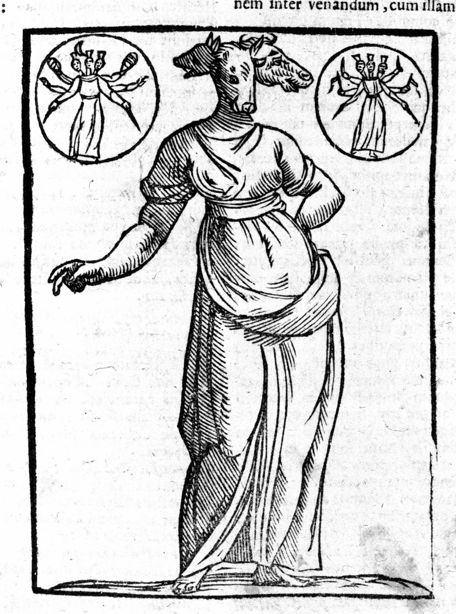 Representation av Hecate, grekisk ond gudom, som restes vid korsningen, hade vanligtvis tre huvuden. Gravyr från 1600-talet. av Unknown artist