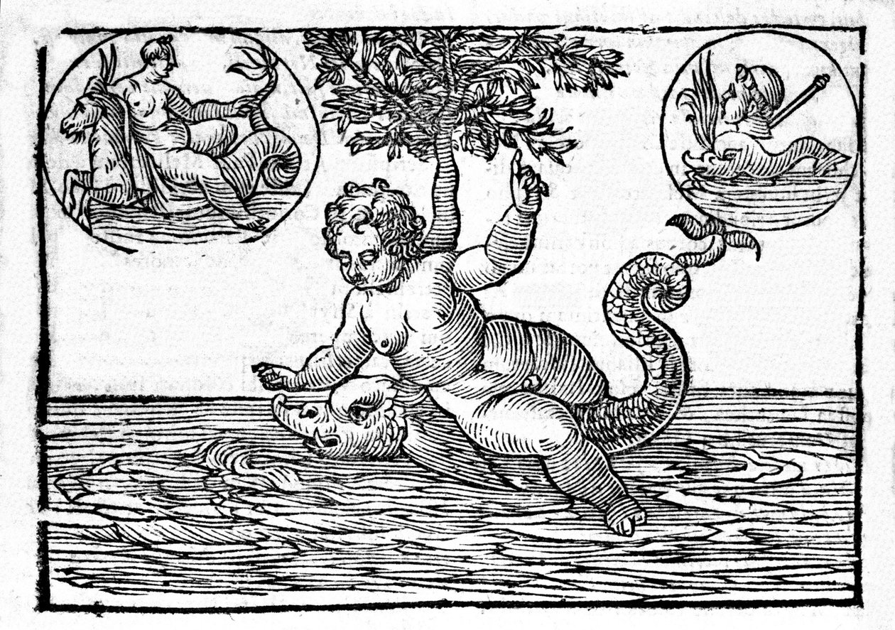 Representation av Ino, havets gud, och hans son Palemon. Gravyr från "Mythology and Fables" av greve Natalia 1637 av Unknown artist