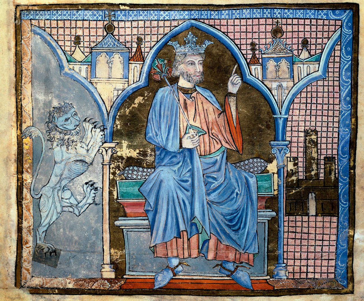 Representation av kung Ferdinand III av Kastilien eller Saint Ferdinand (1199-1252) Miniatyr hämtad från manuskriptet "Index över kungliga privilegier"" fol. 66 v. 1200-talet Santiago de Compostela (Santiago de Compostela) (Santiago de Compostela), arkiv ö av Unknown artist