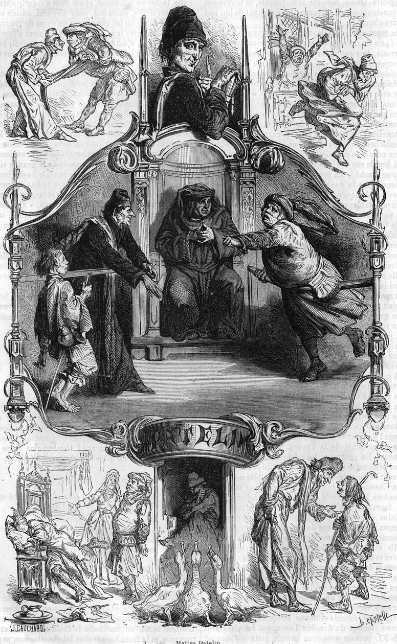 Representation av Master Patelin, känd för "Mäster Patelins fars", som berättar om en advokats och hans herdeklients missöden. Gravyr av 1800-talet. av Unknown artist