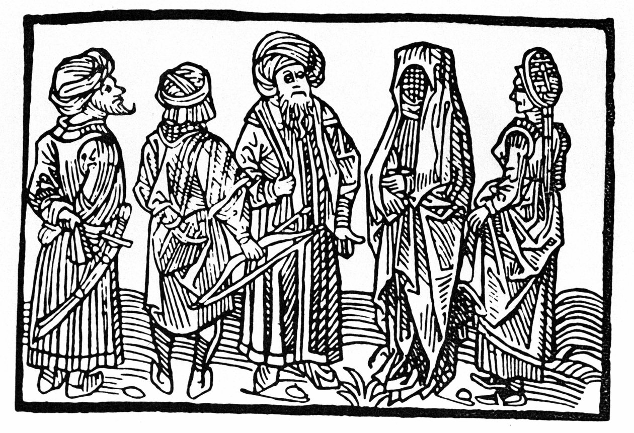 Framställning av saracener, Xylografi av 1400-talet. av Unknown artist