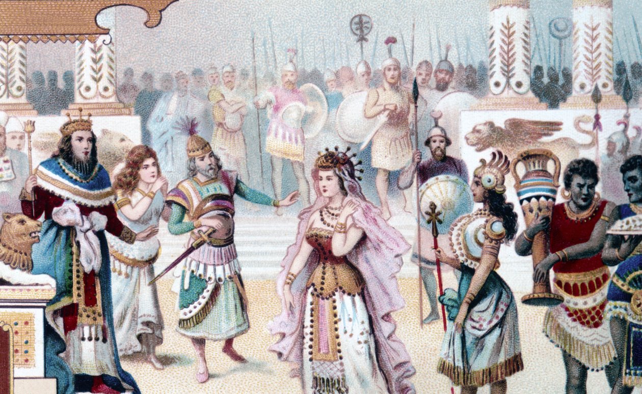 Representation av scen 1 i akt I av "Drottningen av Saba", opera komponerad av Karl Goldmark (1830 - 1915). kromolitografi från 1800-talet. av Unknown artist