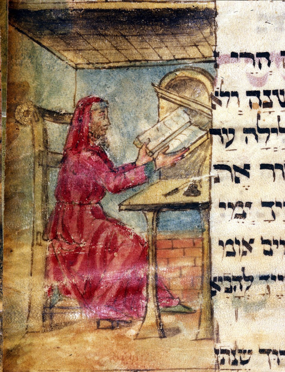 Representation av en rabbin som studerar de heliga skrifterna. miniatyr från 1400-talets manuskript. Biblioteca Estense Modena av Unknown artist