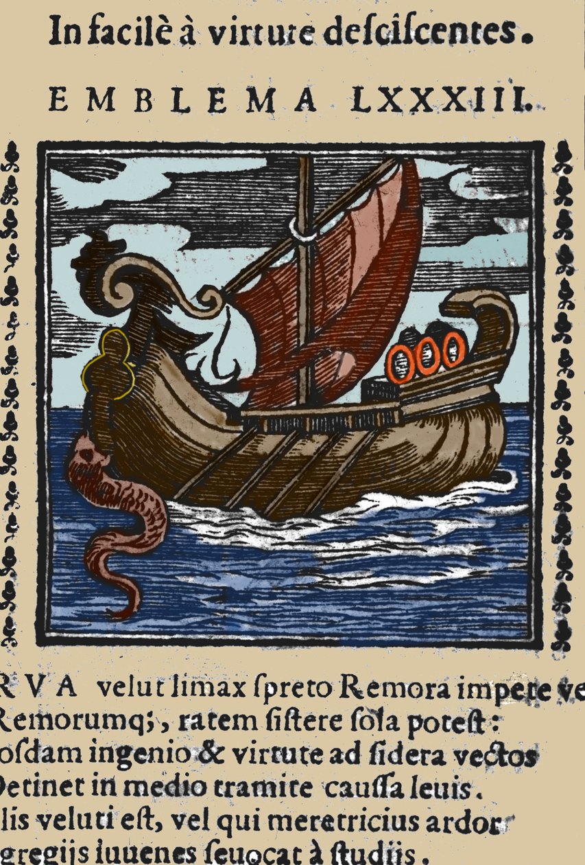 Representation av en remora som enligt berättelserna om Plinius, Saint Ambrose och Rabelais attackerade skeppen genom att fästa sin svans med en sugkopp på en sten och blockera skeppet med sin mun. Gravyr från ett 1600-talsverk av Unknown artist