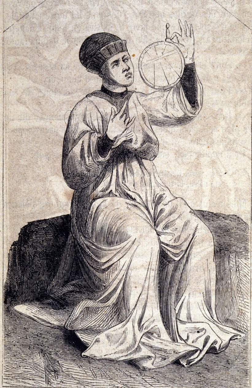 Representation av en astrolog som använder en astrolabium på 1400-talet. Gravyr från "" De machinis Bellicis"" (Behandlingssitsmaskiner). av Unknown artist