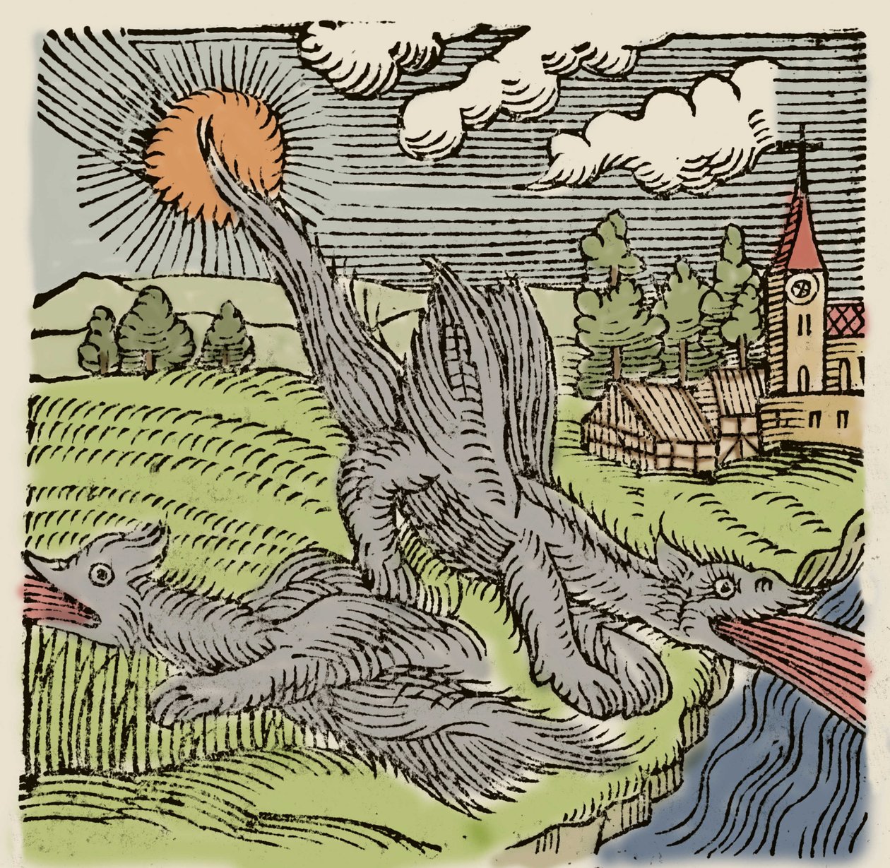 Representation av basilikerna under flygning brinnande vetefält. Gravyr från "Prodigiorum ac ostentorum chronicon" av Conrad Lycosthenes (1518-1561). 1557. av Unknown artist