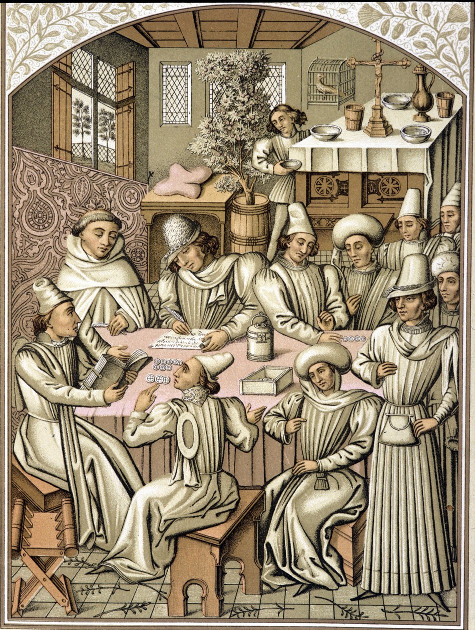 Representation av tjänstemän på 1300-talet. kromolitografi från räkenskapsboken för brödraskapet "Dio e Nostra Signora"" av Unknown artist