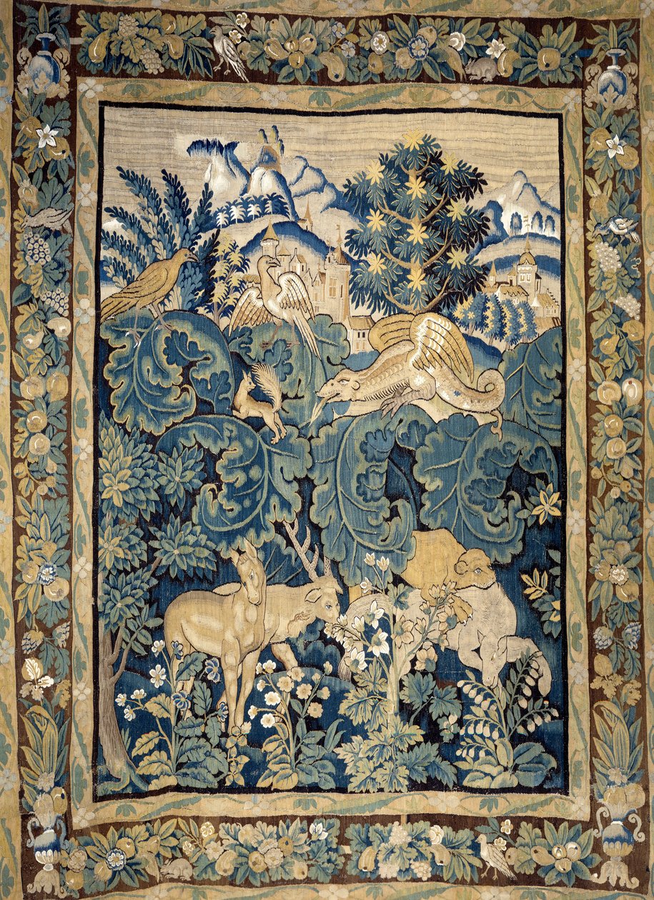 Representation av fantastiska djur i en urskog. 1400-tals gobeläng. Angers, slottsmuseum av Unknown artist