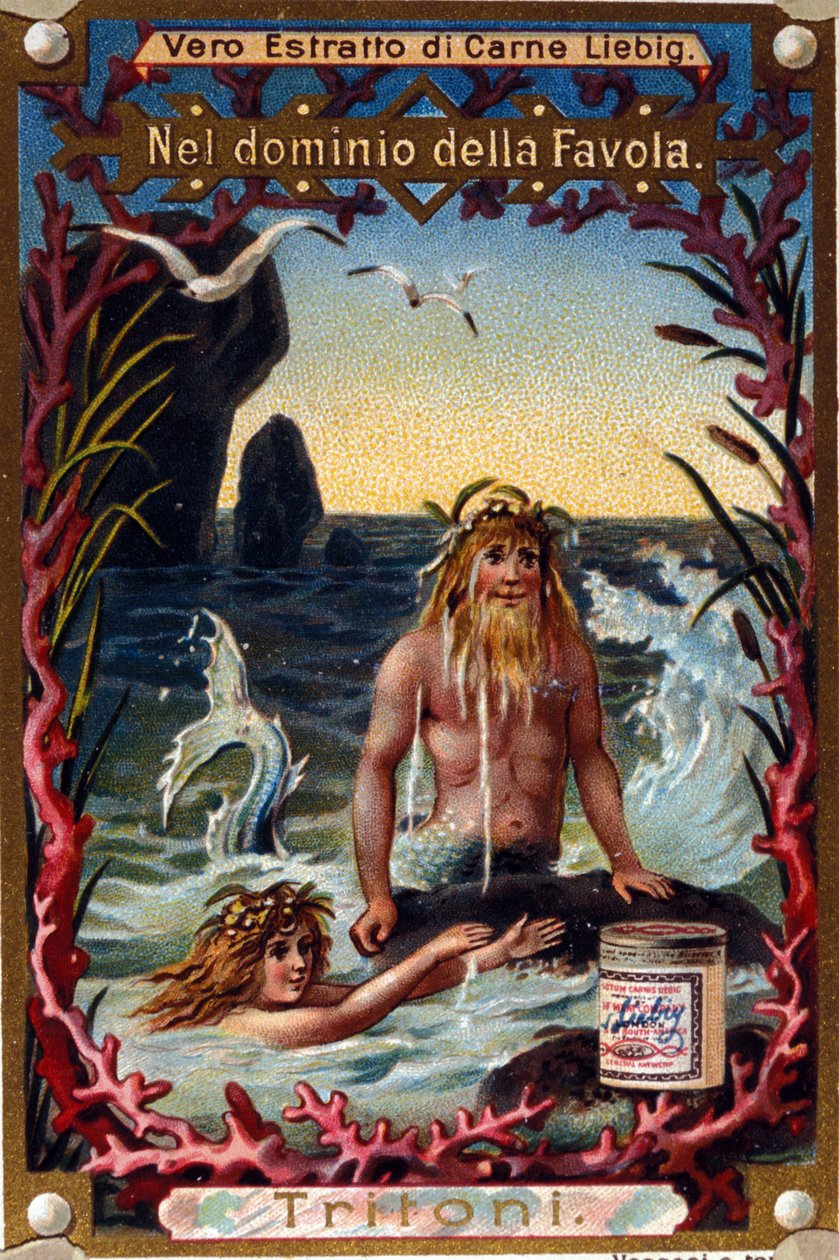 Representation av vattensalamandrar, legendariska varelser mi man mi fisk. kromolitografi från 1800-talet av Unknown artist