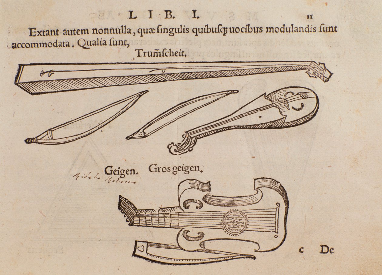 Representation av stråkinstrument och bågskytt. Sidan hämtad från Musurgias praktiska manual för musik av Unknown artist
