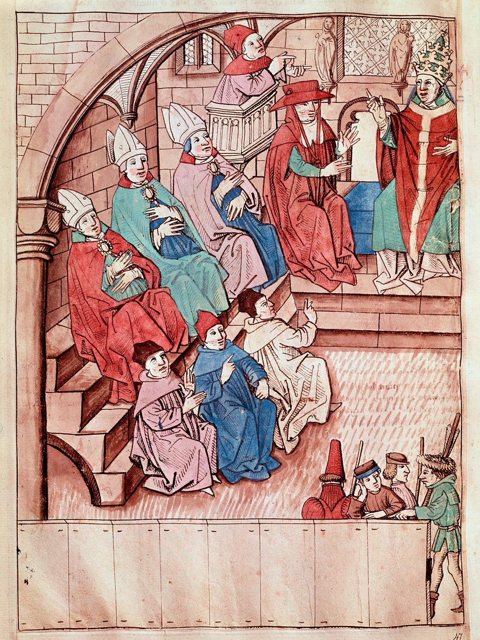Representation av konciliet i Konstanz mellan 1414 och 1418, överst påve Martin V (Vy över konciliet i Konstanz, ca 1417) Miniatyr hämtad från "Krönikor från konciliet i Konstanz" av Ulrich Richental (1360-1437) 1438 ungefär Prag, Nati av Unknown artist