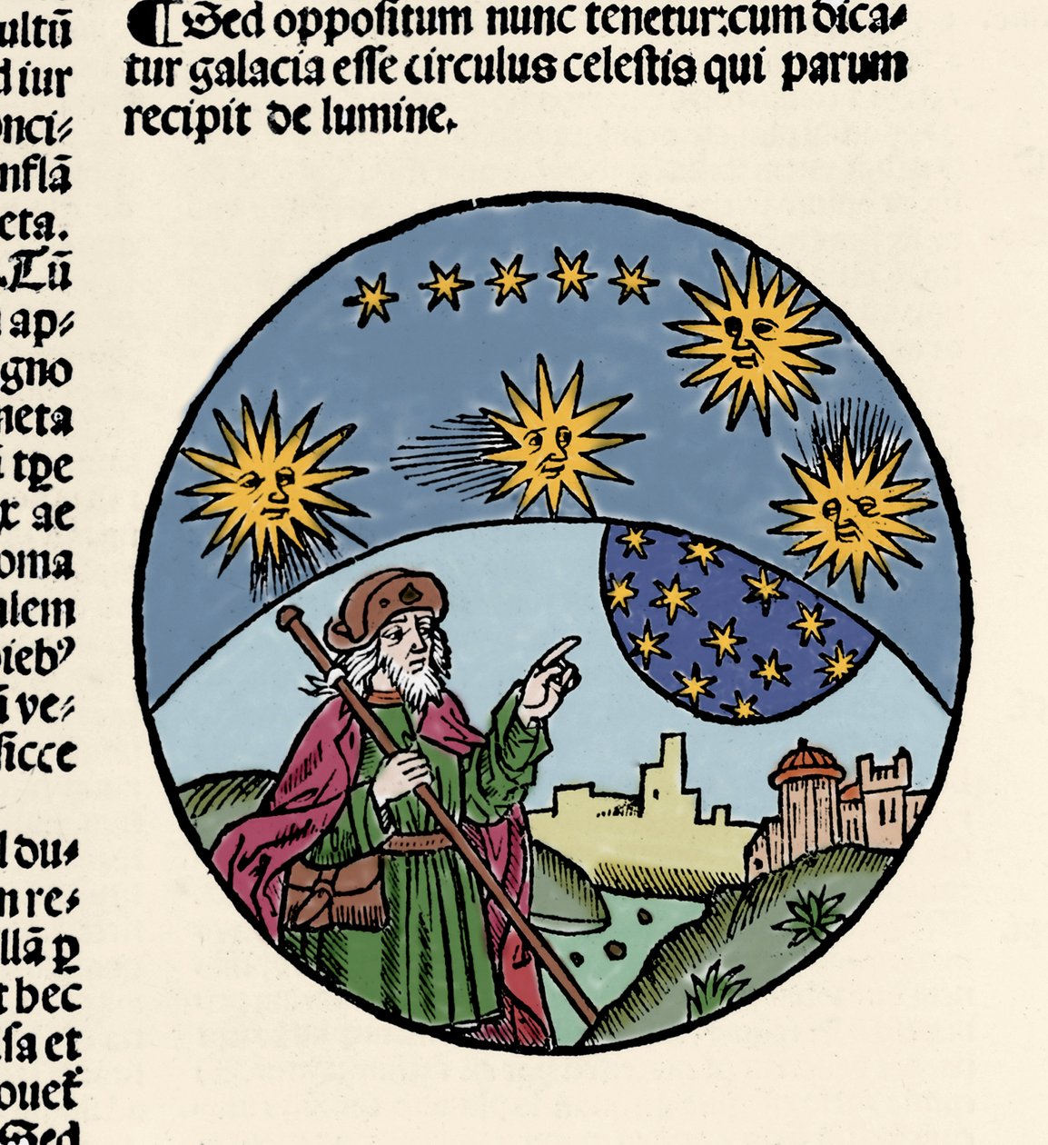 Representation av den grekiske filosofen Aristoteles (384-322 f.Kr.) som indikerar stjärnorna. Gravyr från fysikens vandring "" Aristoteles förkortade text om de åtta böckerna i fysik och hela naturfilosofin "" av Thomas Bricot (d. 1516). 1496 av Unknown artist