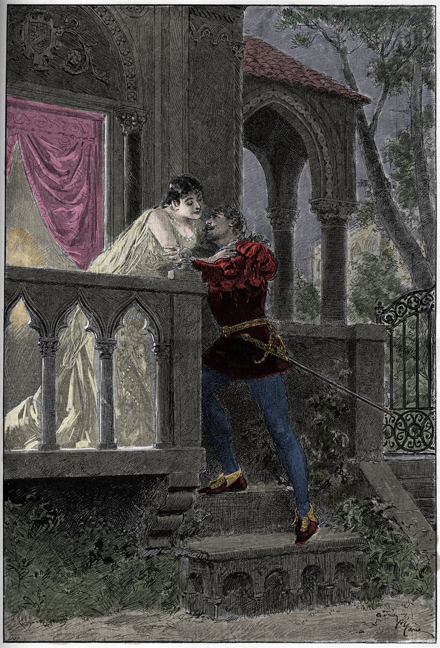 Representation av operan "" Romeo et Juliette"" av Hector Berlioz spelar på Parisoperan. Gravyr från 1888. av Unknown artist