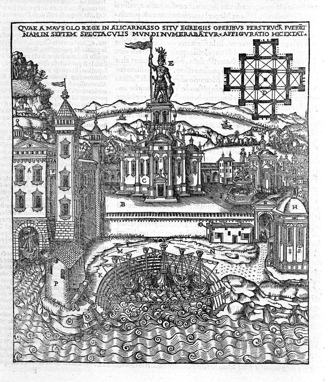 Representation av antikens sju underverk: Mausolee of Halikarnassus som låg vid Egeiska havet i sydvästra Turkiet. Gravyr i "" de Architectura""" av Vitruva (1:a århundradet f.Kr.) - upplaga av Gottardo da Ponte, Come av Unknown artist