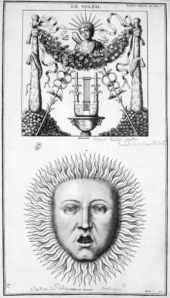 Representation av solen. Bilder hämtade från antika representationer. Gravyr 1800-talet. av Unknown artist