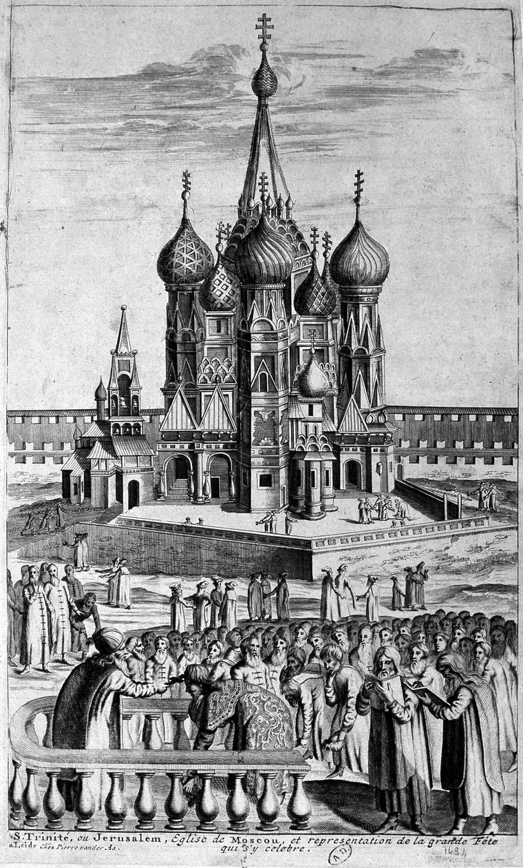 Representation av Treenighetskyrkan i Moskva i en gravyr från 1600-talet. av Unknown artist