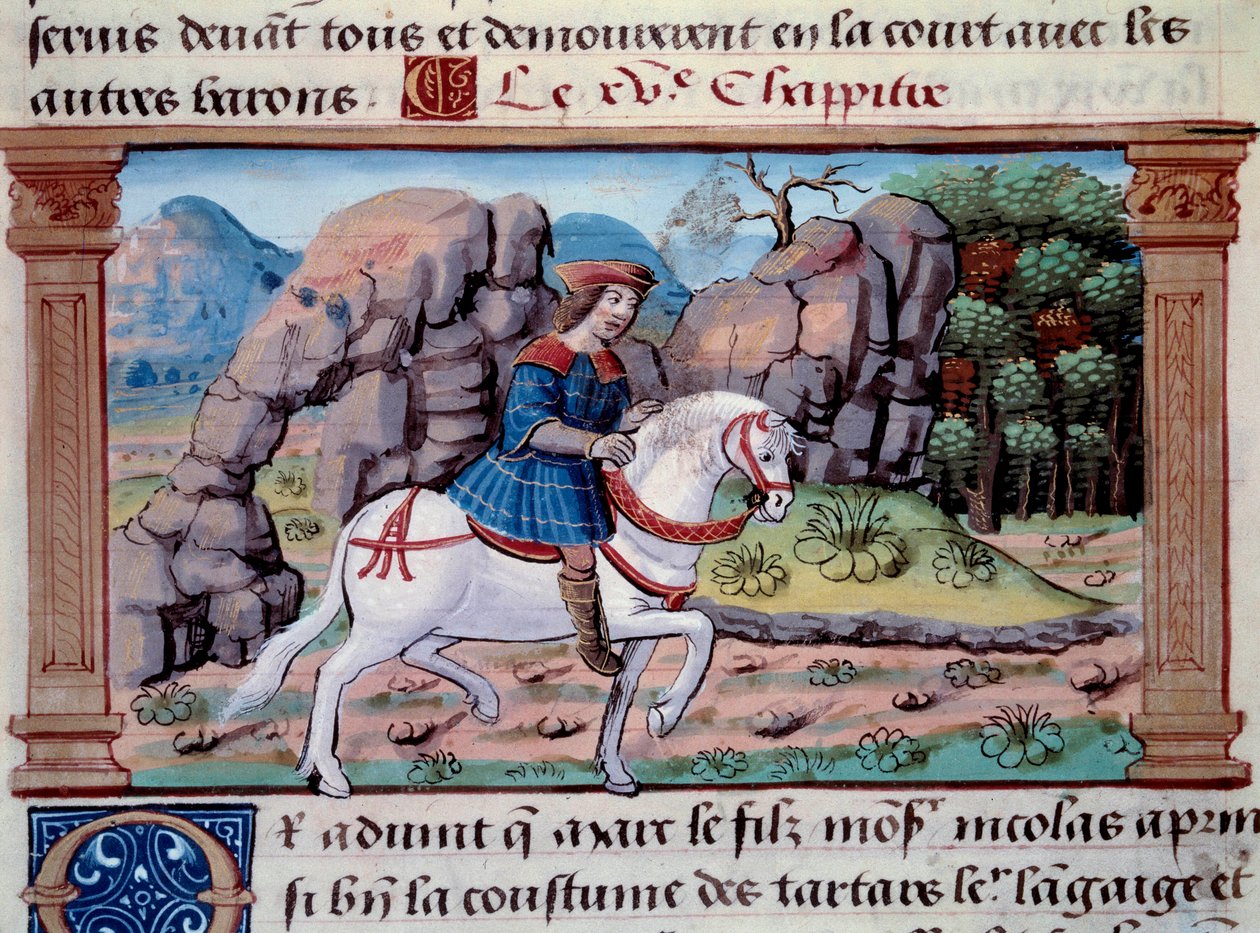 Representation av den venetianske navigatören Marco Polo (1254-1324) till häst" Miniatyr hämtad från "" The Book of Wonders"" ("" Devisement of the World"", "" Il Milione") av Marco Polo (1254-1324) ). 1298. Paris, Arsenals bibliotek av Unknown artist