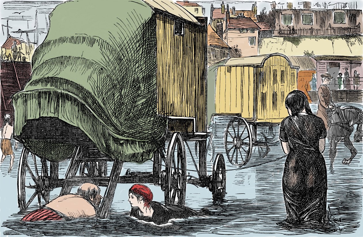 Representation av badstugan som uppfanns 1750 av Benjamin Beale: kvinnor inne kommer åt havet direkt från denna hästdragna vagn. Humoristisk teckning från "Punch Magazine" 1870 av Unknown artist
