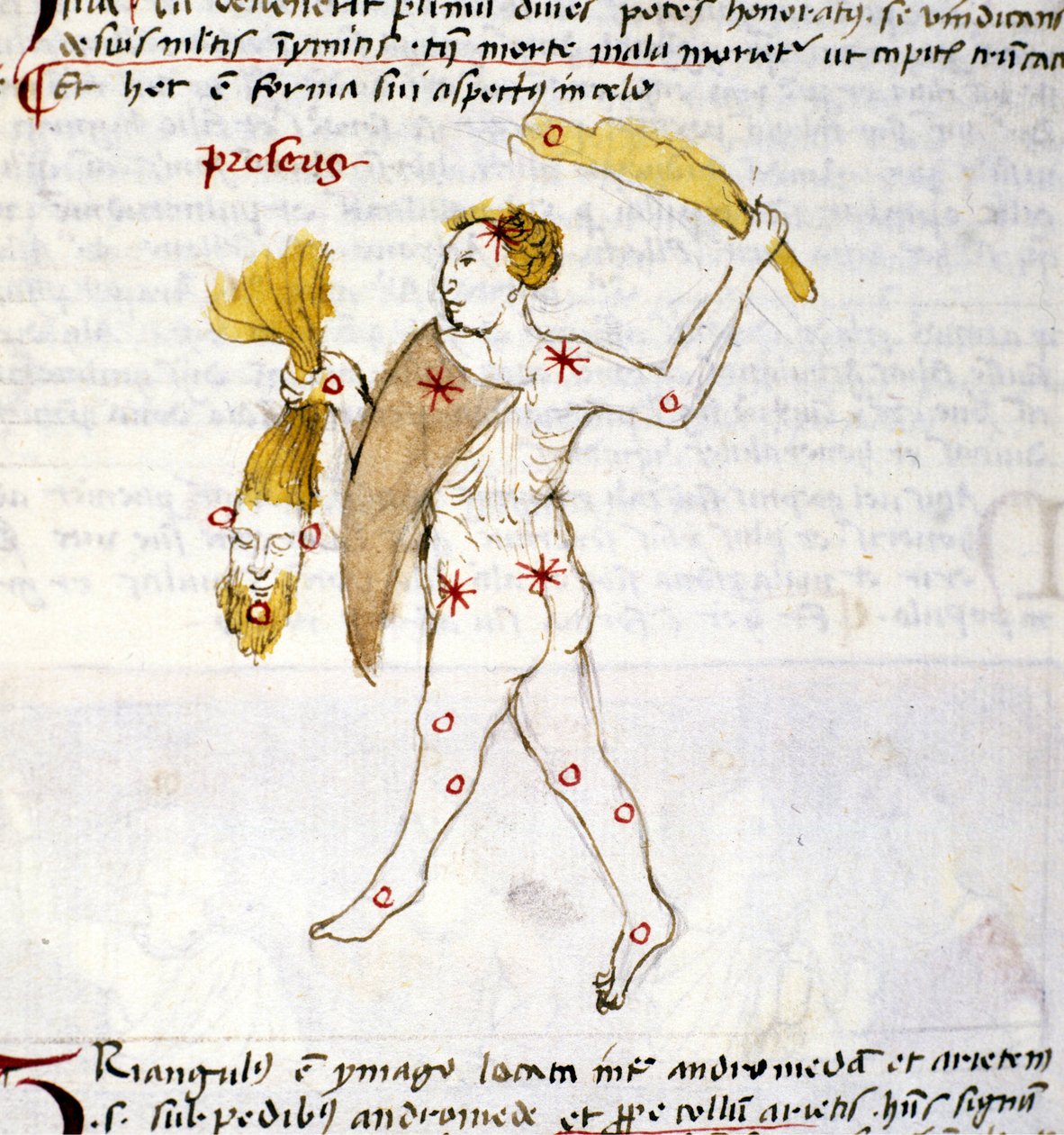 Representation av stjärnbilden Bouvier (Botes) Jägaren Botes håller Berenices hår i sin hand. Miniatyr från "Astronomica" av Biasino da Parma (Blaise de Parma) (1425-1457) av Unknown artist