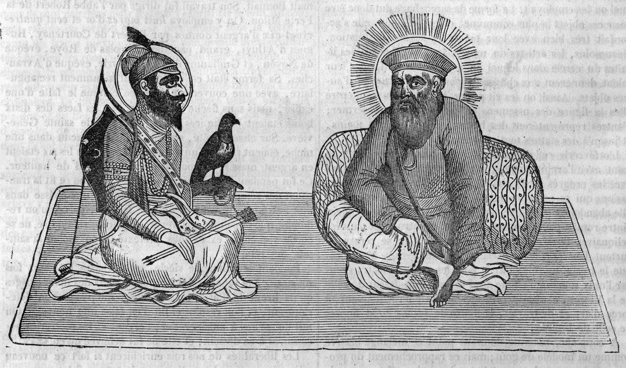 Representation av grundarna av sikhismen (eller sikhisk religion): Guru Nanak (1469-1539) och Guru Gobind Singh (1666-1708). I "" Le magazin pittoreska"" 1836 av Unknown artist