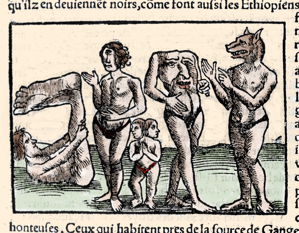 Representation av monster som beskrivs av Amerigo Vespucci (1451-1512): från vänster till höger: en manopod, en cyklop, en man med två huvuden, en man utan huvud och en man med ett hundhuvud eller cynocephalus. Xilografi hämtad från Sebastien Munsters "Uni av Unknown artist