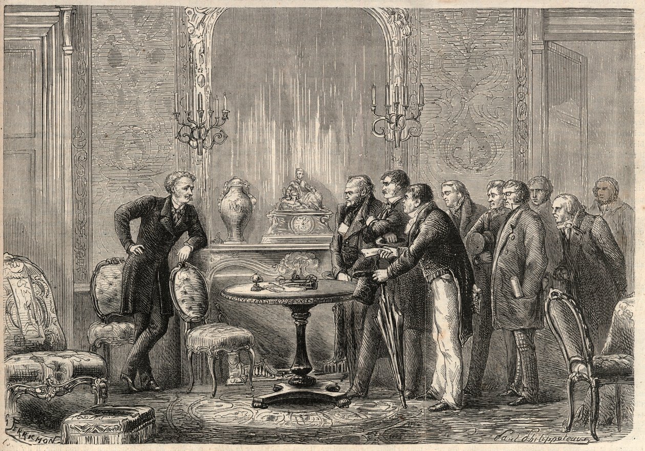 Representation av pjäsen "" Mercadet"" (Le Faiseur) av Honore de Balzac (1799-1850) på Comedie Francaise. Akt III, Scen VI. Gravyr i "" L